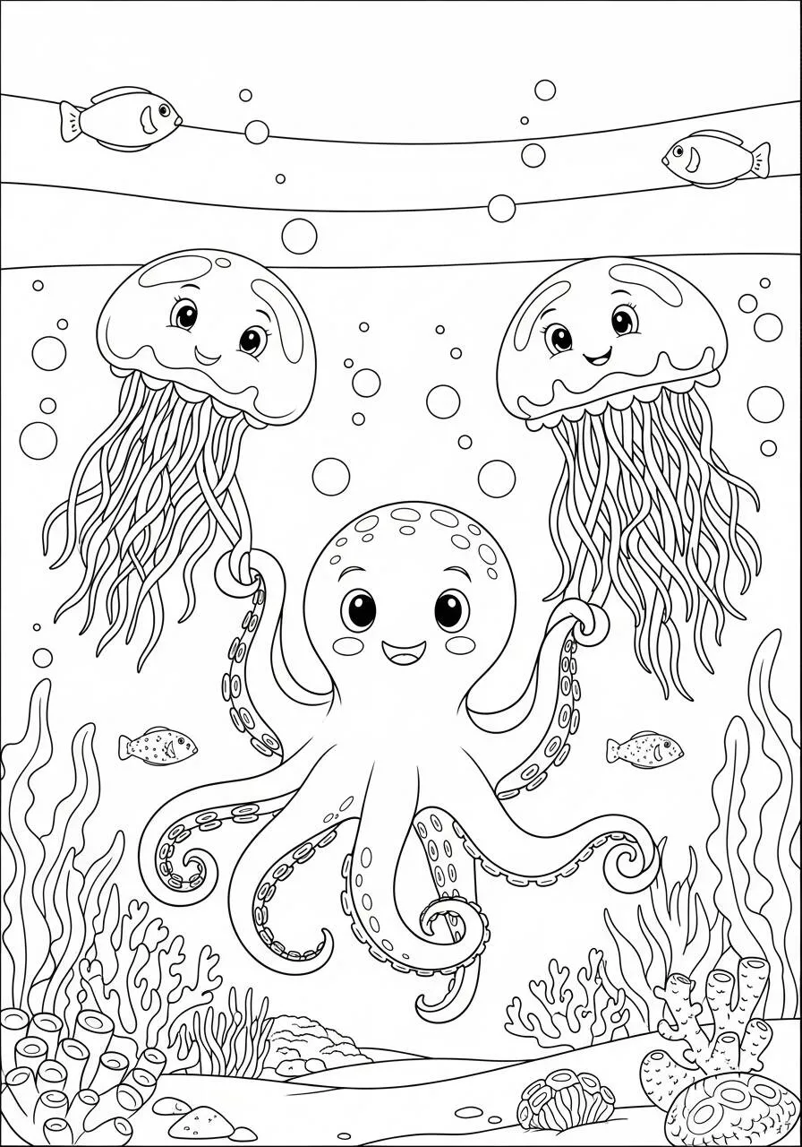 Desenho de Polvo Brincando com Medusas para Colorir