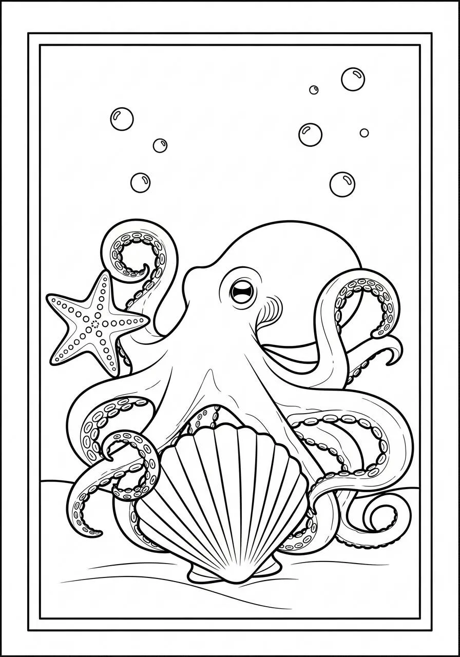 Desenho de Polvo com Concha e Estrela do Mar para Colorir