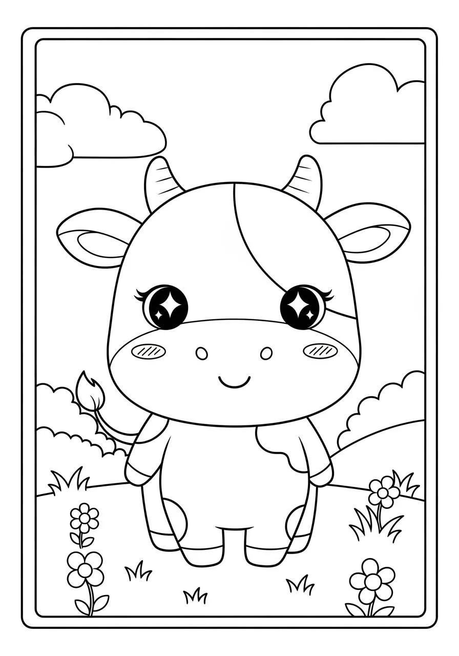 Kolorowanka uśmiechniętej krowy Kawaii