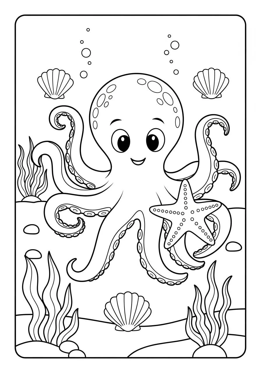 Desenho de Polvo Brincando com Estrela do Mar para Colorir