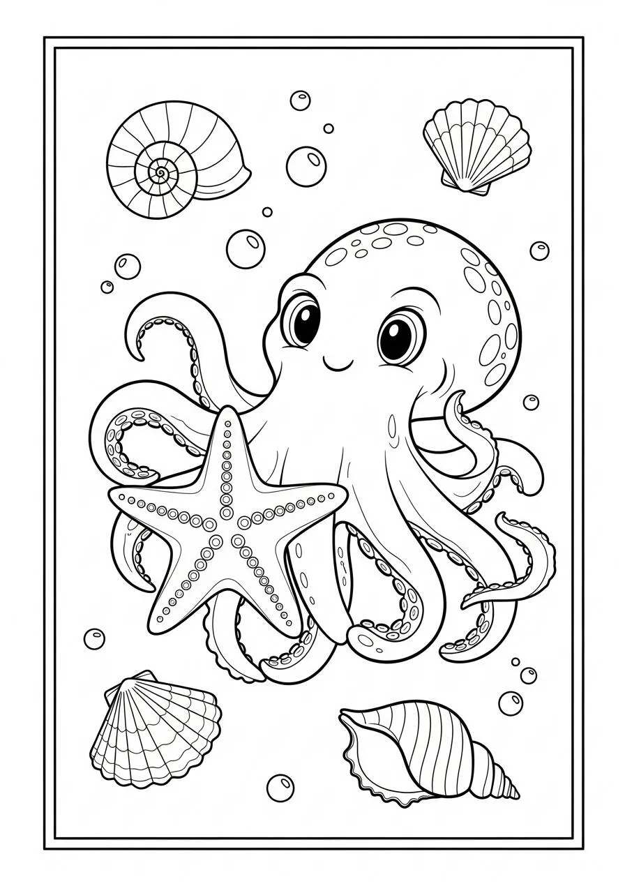 Desenho de Polvo Fofo com Estrela do Mar para Colorir
