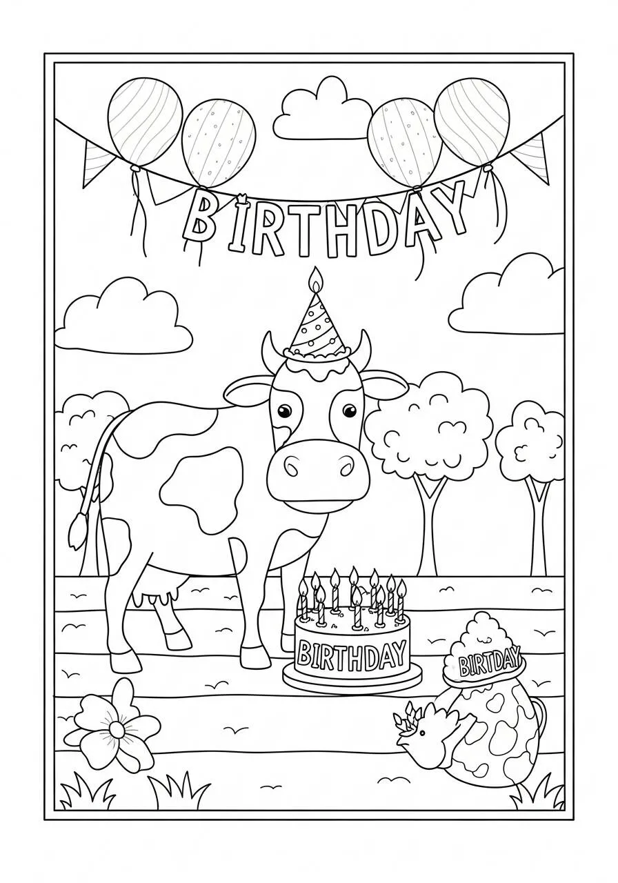 Coloriage de vache célébrant son anniversaire