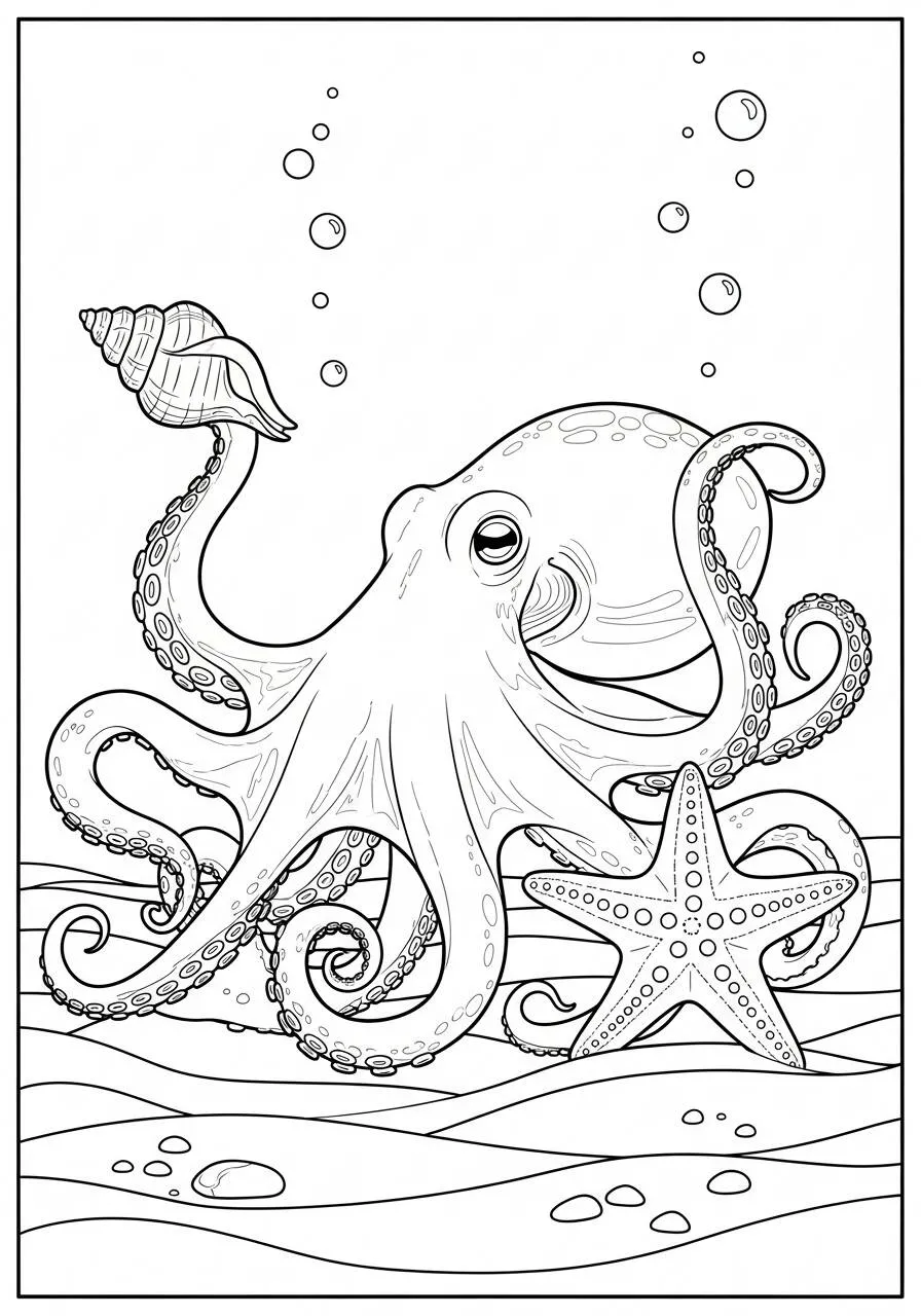 Desenho de Polvo Brincando com Estrela do Mar para Colorir