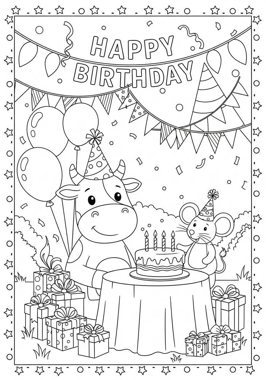 Coloriage d'anniversaire de vache avec un gâteau et des ballons