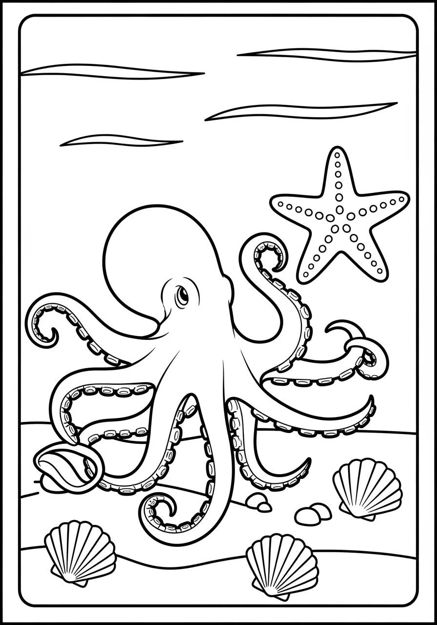 Desenho de Polvo Brincando com Estrela do Mar para Colorir