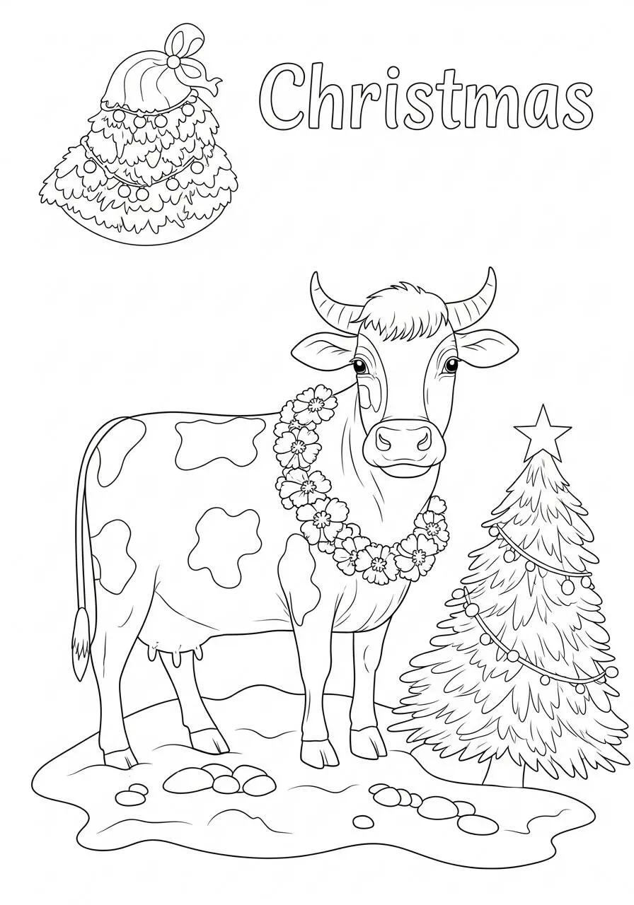 Coloriage Vache de Noël avec guirlande