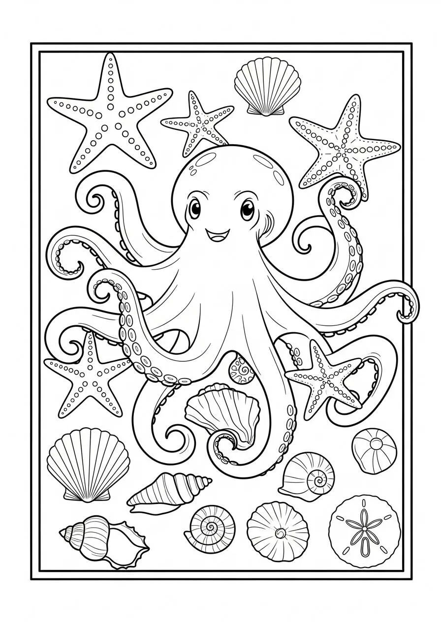 Desenho de Polvo Fofo com Estrelas do Mar para Colorir