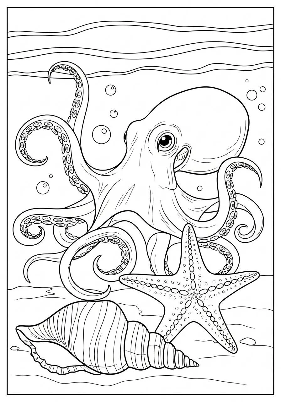 Desenho de Polvo Brincando com Conchas para Colorir