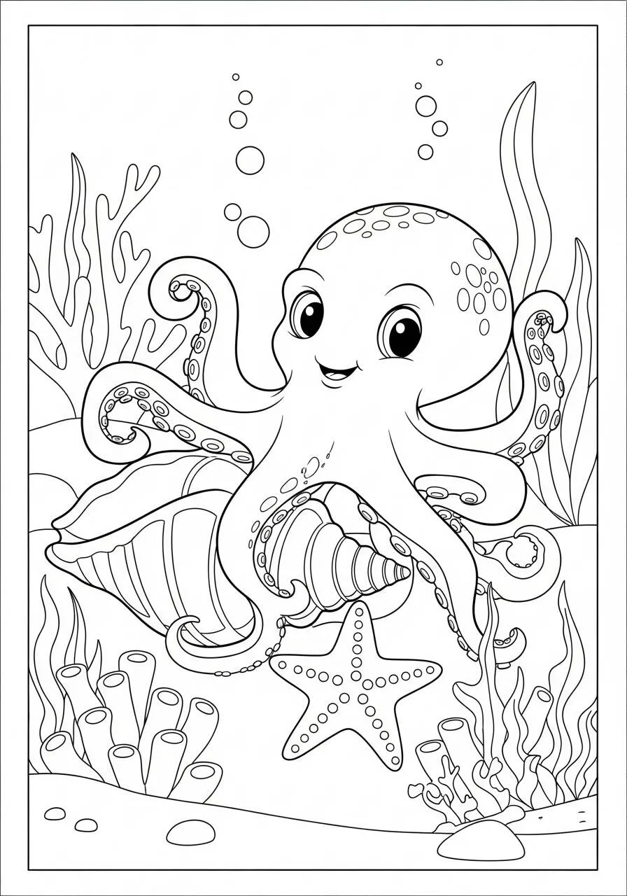 Desenho de Polvo Brincando no Fundo do Mar para Colorir