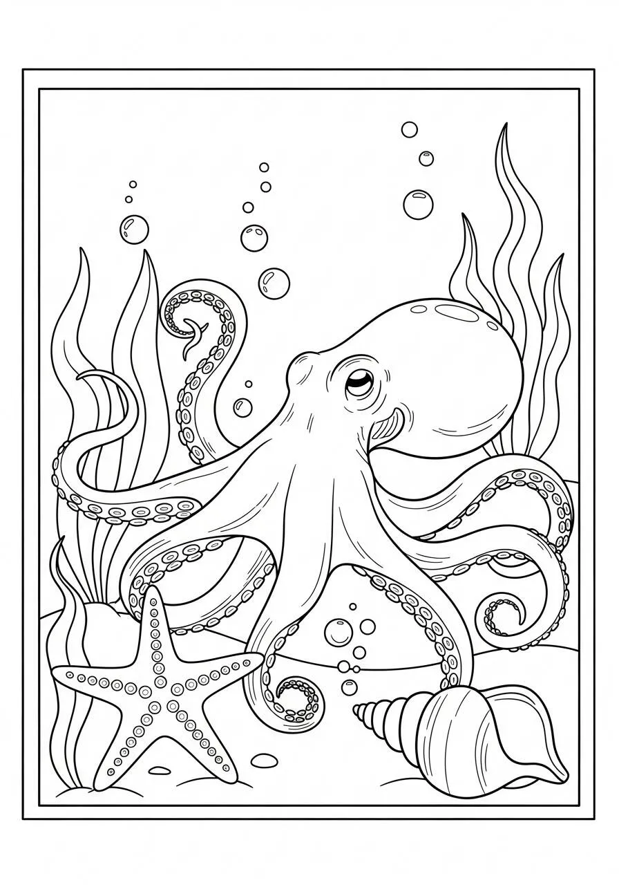 Desenho de Polvo Brincando com Estrelas do Mar para Colorir
