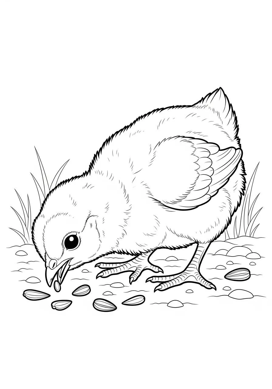 Desenho de Pintinho Comendo Sementes para Colorir