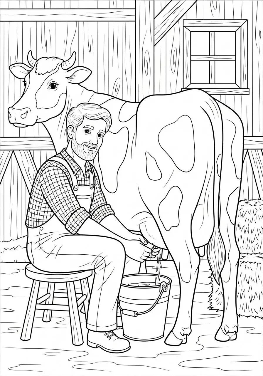 Coloriage de vache traite par un agriculteur