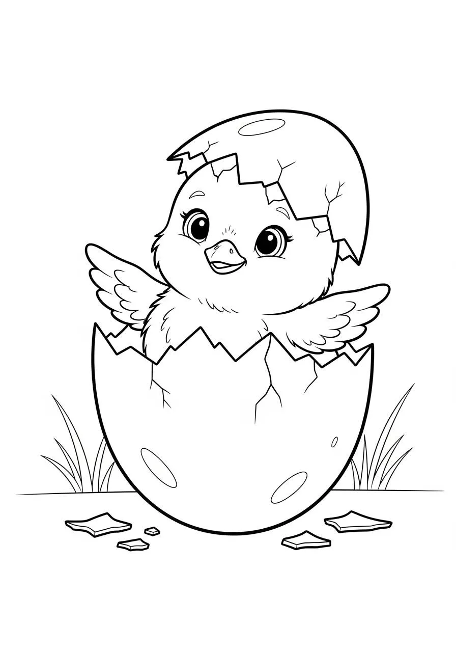 Desenho de Pintinho Fofo Saindo do Ovo para Colorir