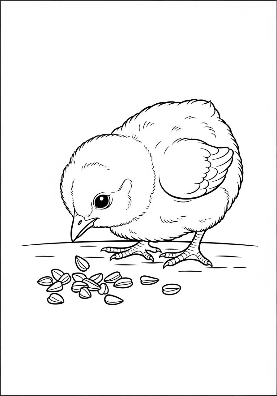 Desenho de Pintinho Fofo Comendo Sementes para Colorir