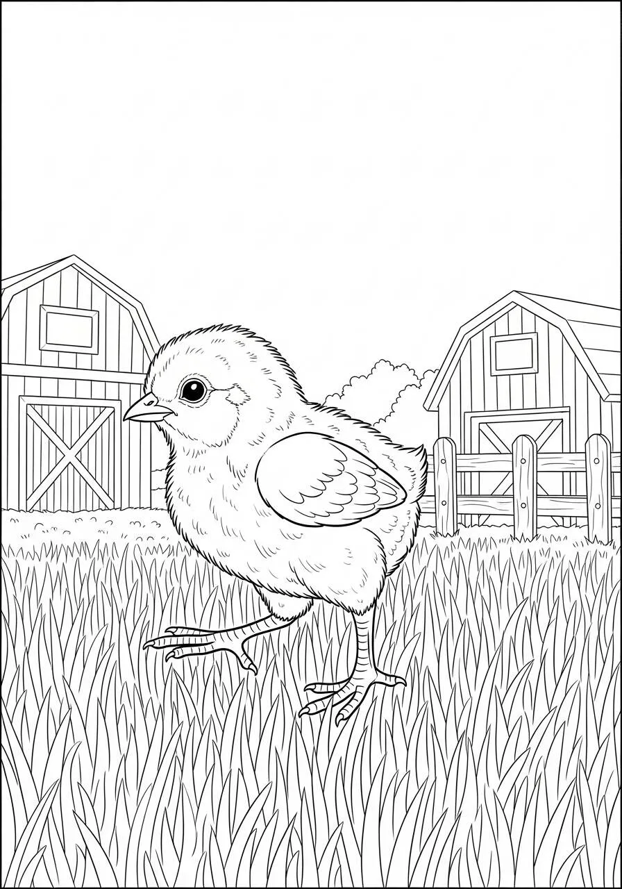 Desenho de Pintinho Caminhando na Grama para Colorir