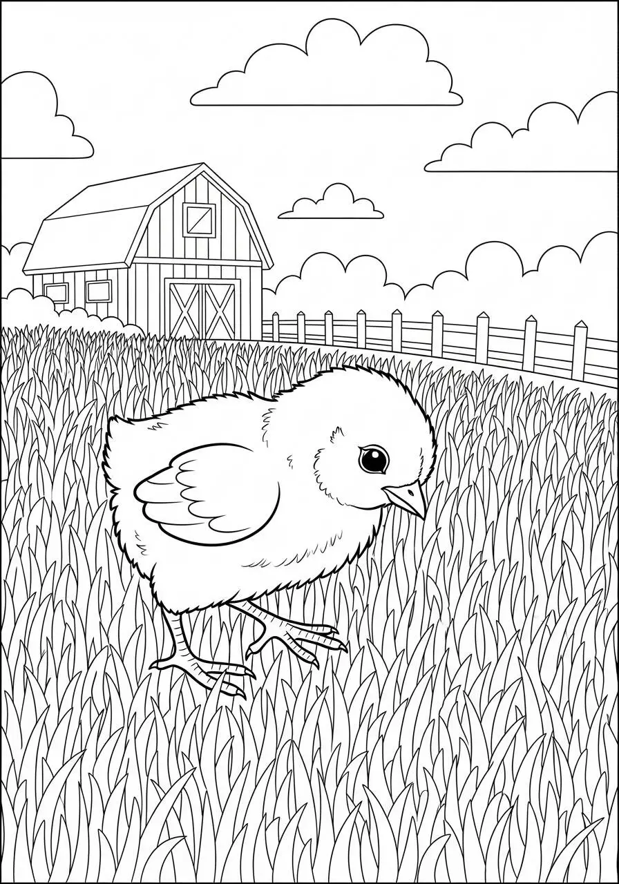 Desenho de Pintinho Brincando na Grama para Colorir