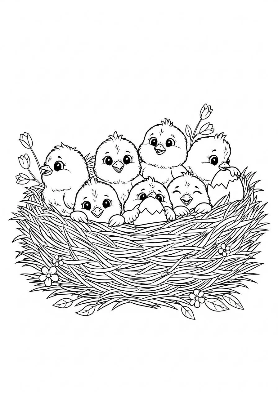 Desenho de Pintinhos Felizes no Ninho para Colorir