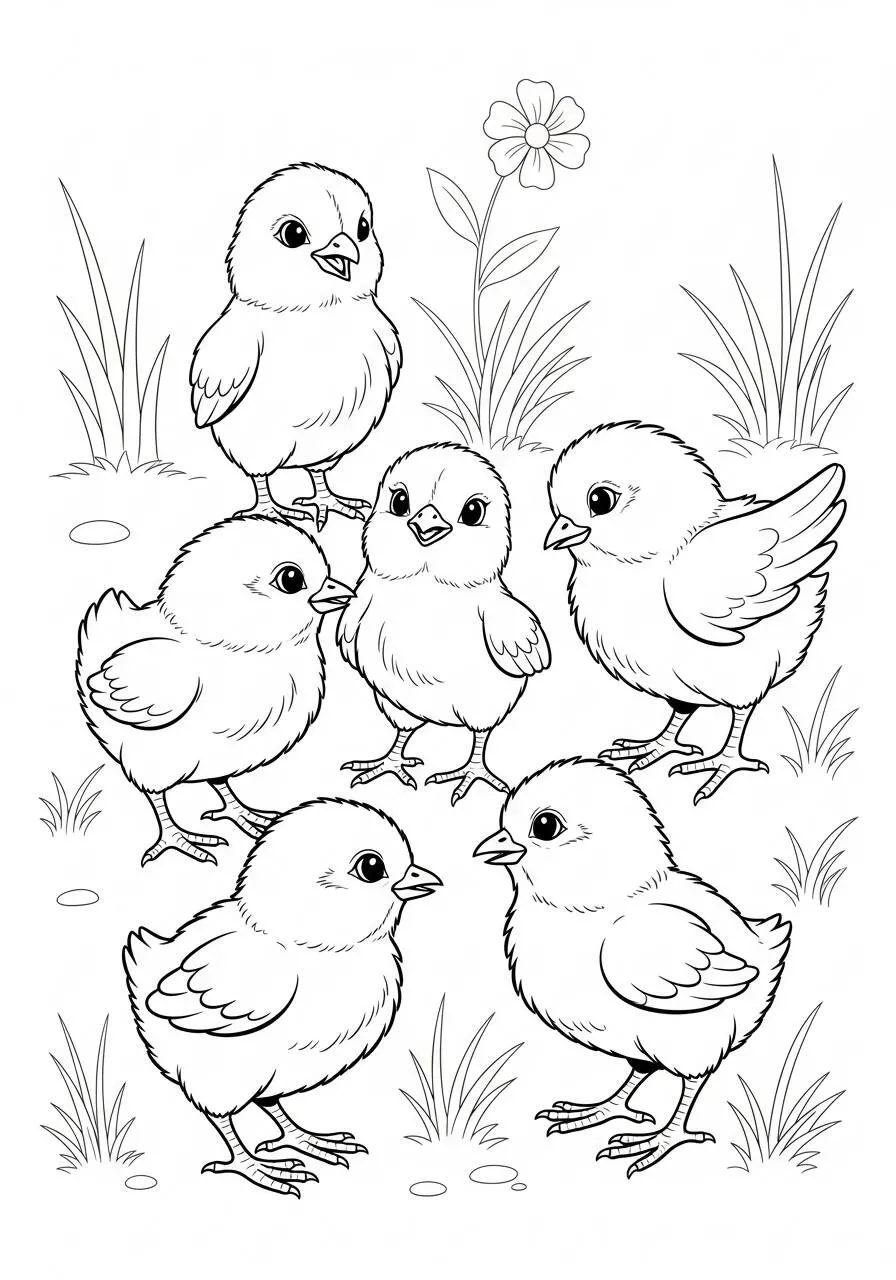 Desenho de Vários Pintinhos Brincando para Colorir