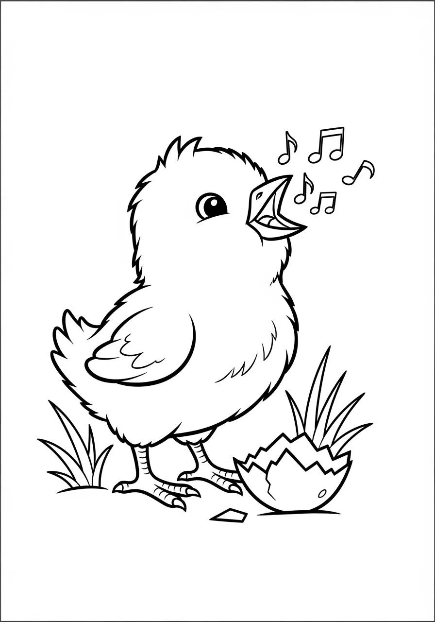 Desenho de Pintinho Cantando com Ovo Quebrado para Colorir