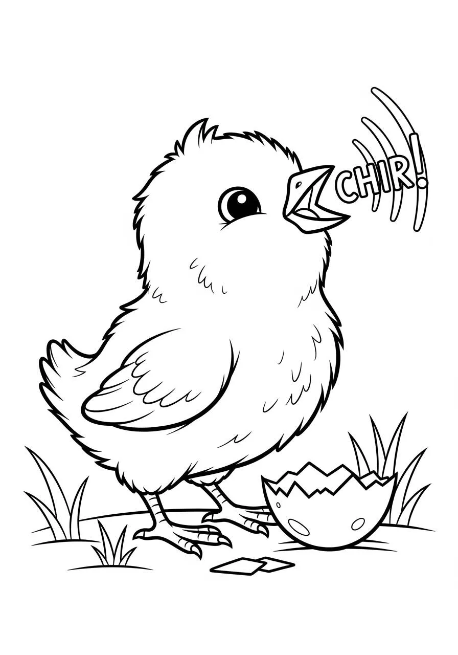 Desenho de Pintinho Chirando com Ovo Quebrado para Colorir