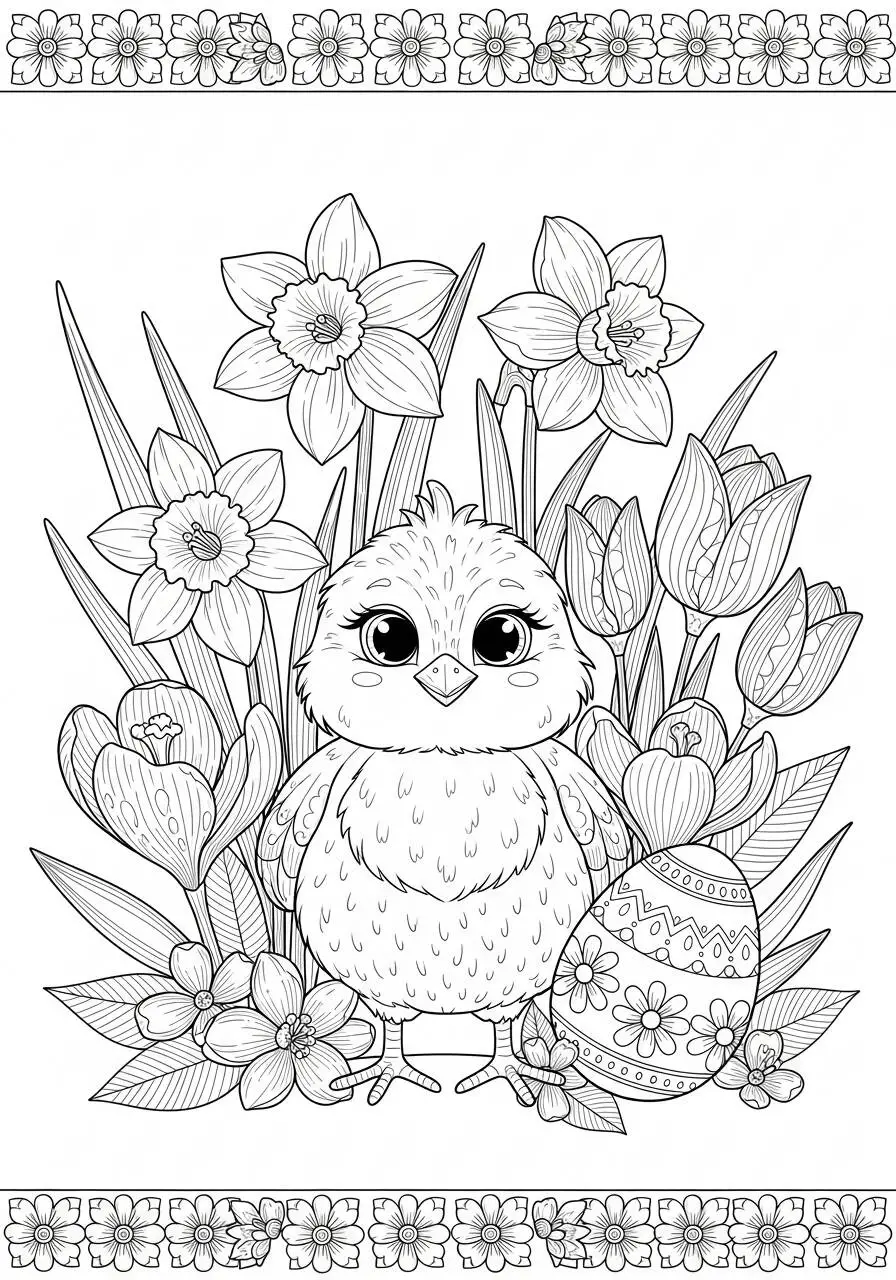 Desenho de Pintinho Fofo entre Flores e Ovo de Páscoa para Colorir