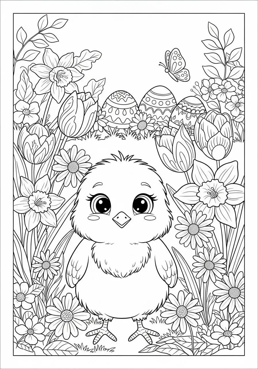 Desenho de Pintinho Kawaii entre Flores e Ovos de Páscoa para Colorir