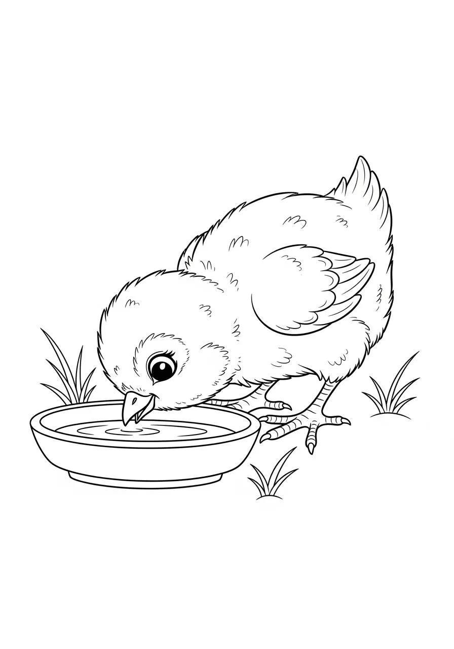 Desenho de Pintinho Bebendo Água para Colorir