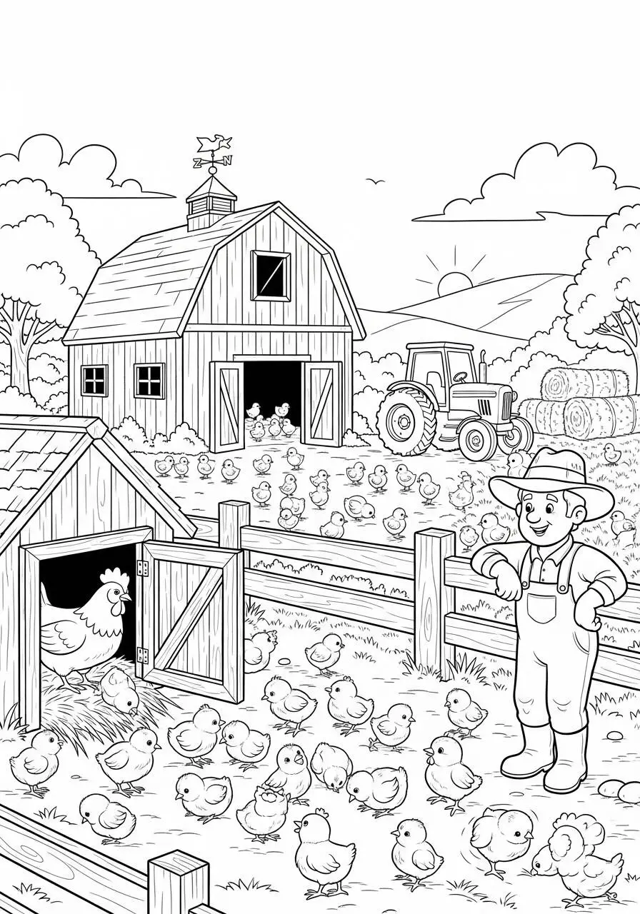 Coloriage poussins jouant à la ferme