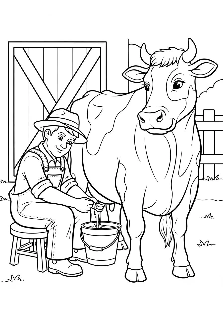 Desenho de Vaca sendo Ordenhada por Fazendeiro para Colorir