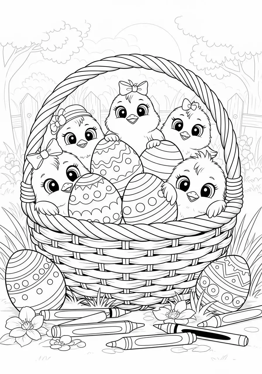 Coloriage Poussins dans un panier avec des œufs colorés