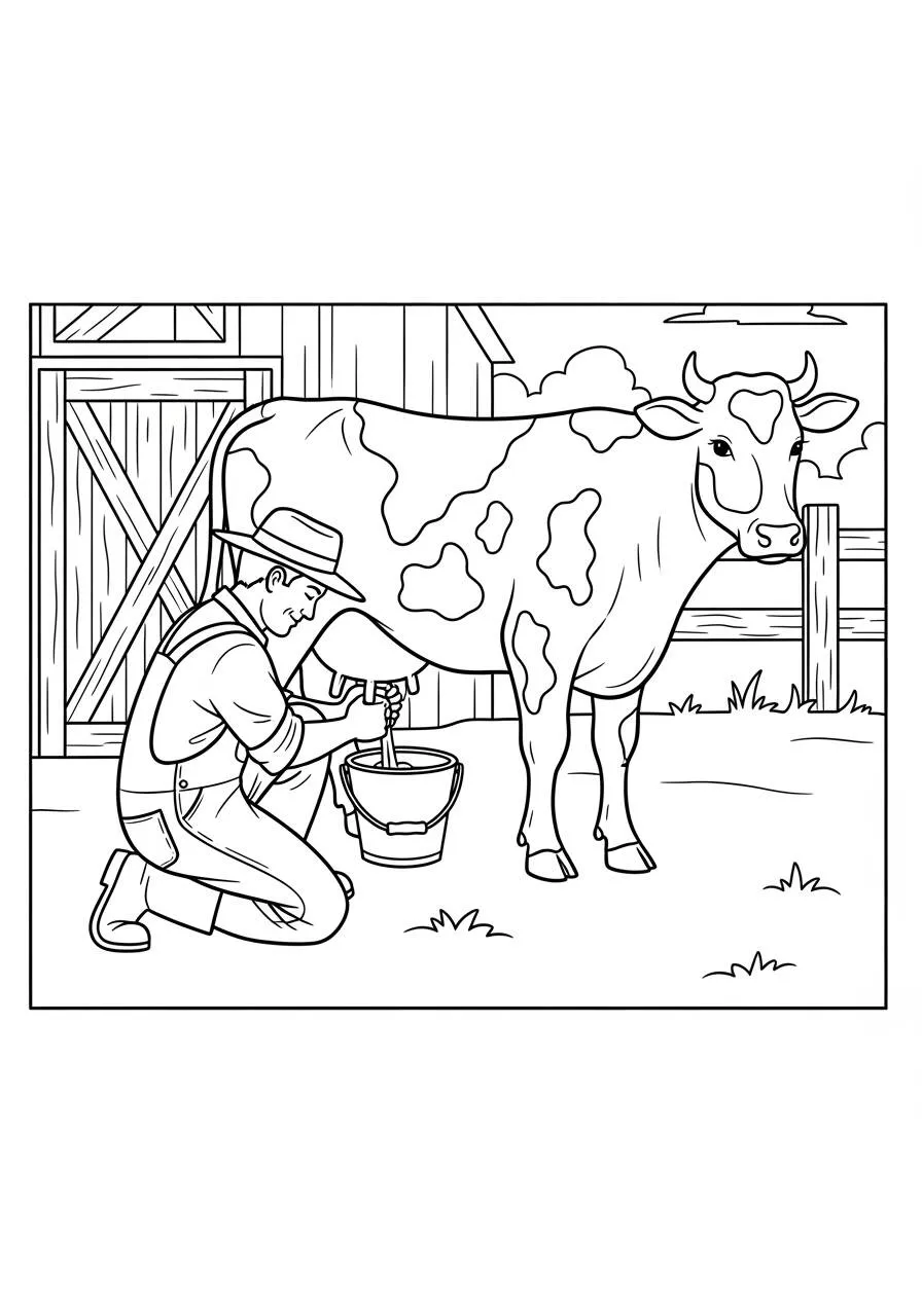 Desenho de Vaca a Ordenhar com Fazendeiro para Colorir