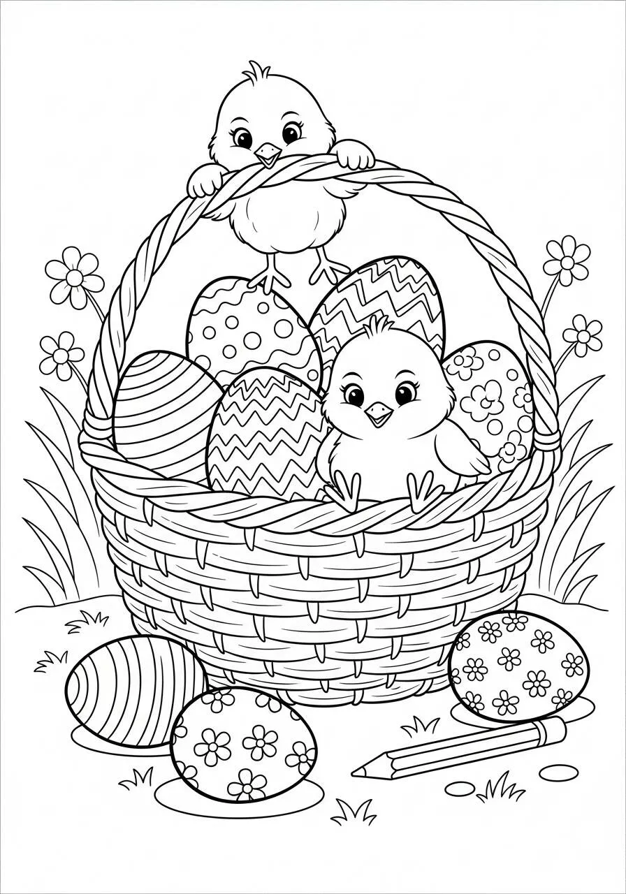 Chicks Playing in a Basket with Colorful Eggs Coloring Page