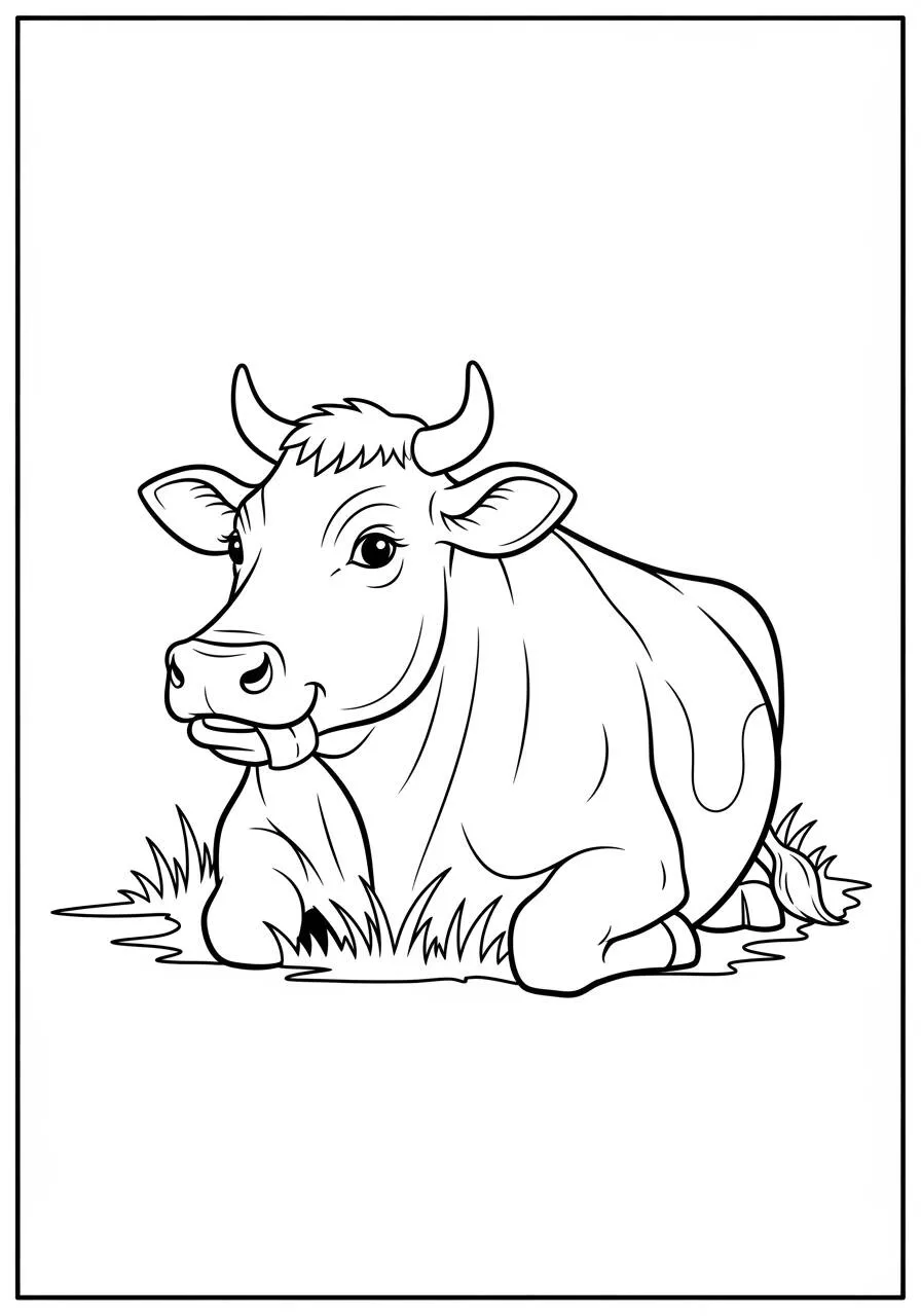 Desenho de Vaca Relaxando na Grama para Colorir