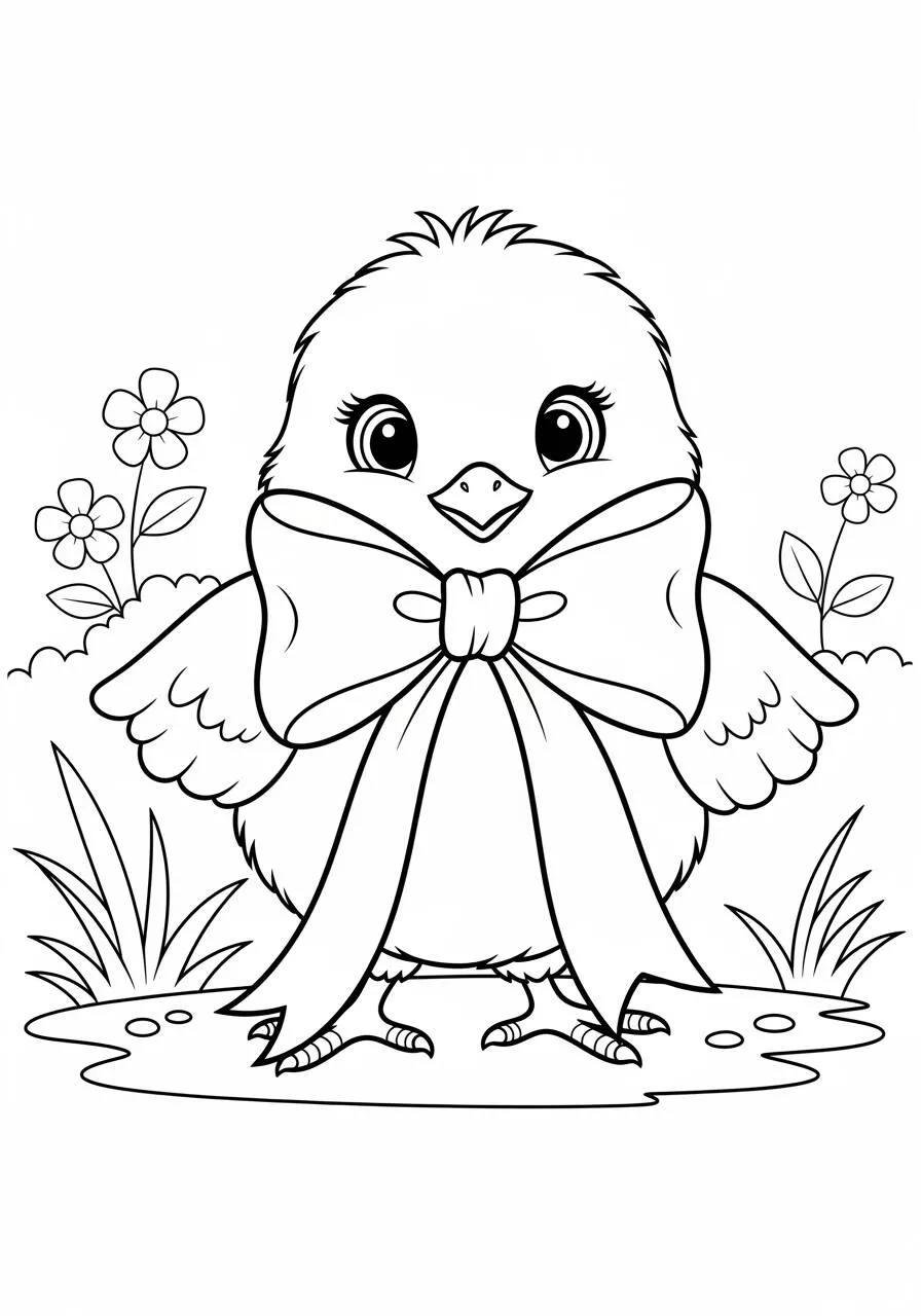 Cute Chick with Bow Coloring Page