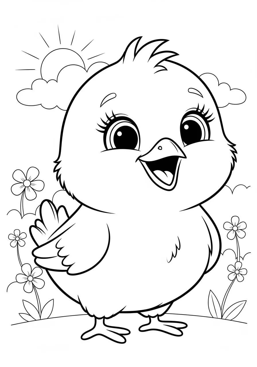 Desenho de Pintinho Feliz em um Campo Florido para Colorir