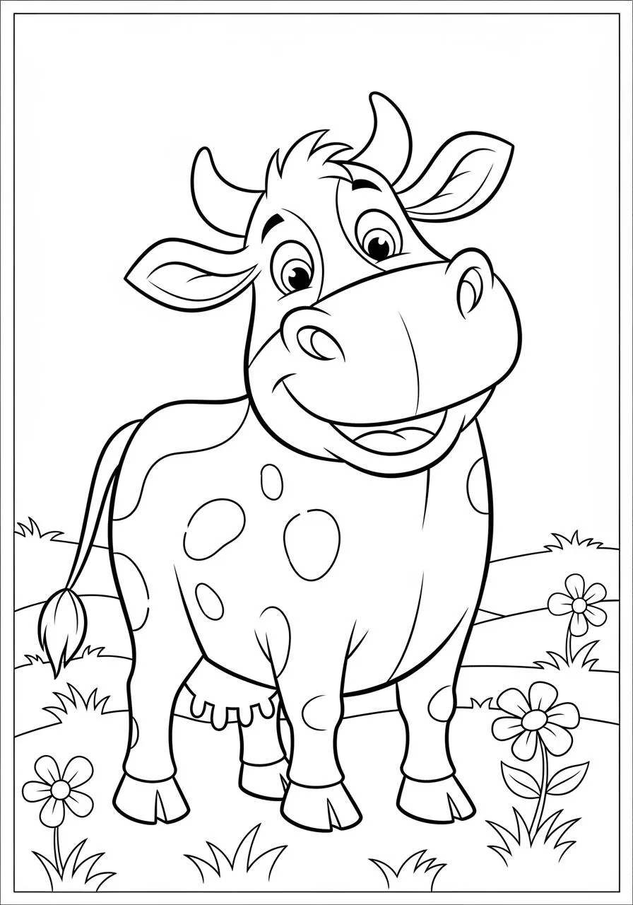 Desenho de Vaca Sorridente em um Campo Florido para Colorir