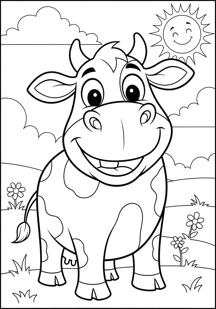 Desenho de Vaca Sorridente com Sol e Flores para Colorir