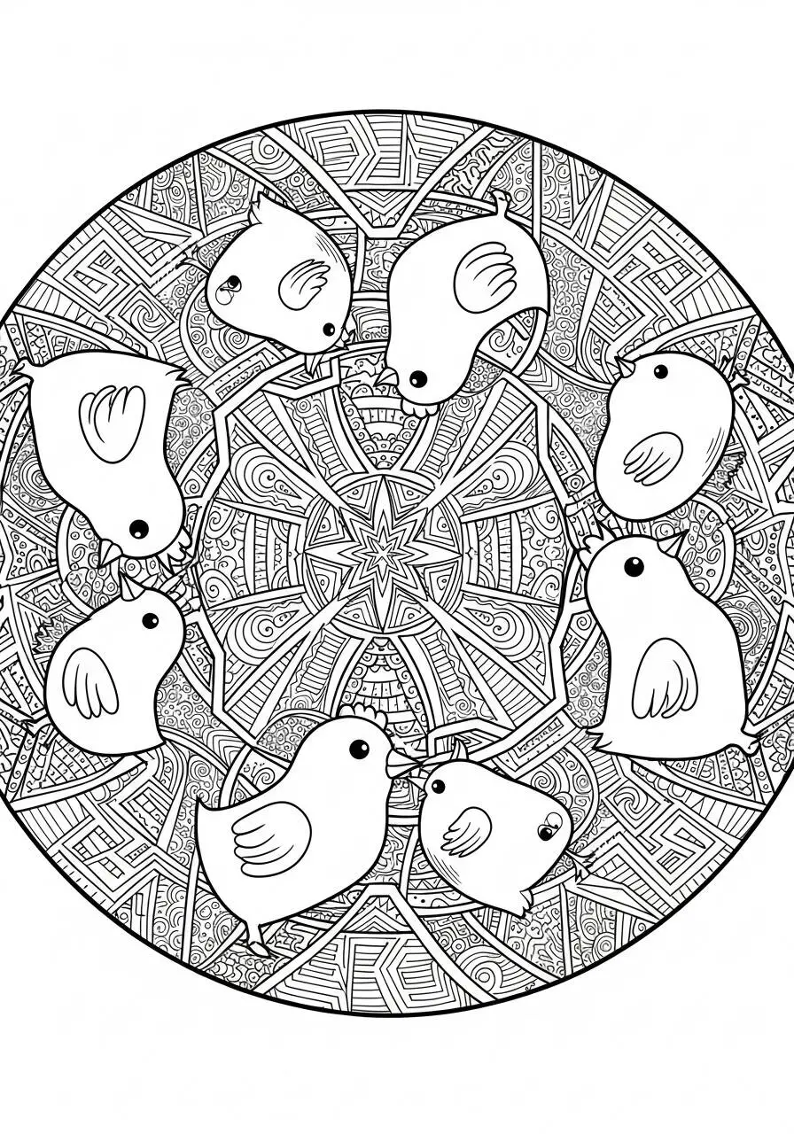 Desenho de Pintinhos Brincando em um Mandala para Colorir