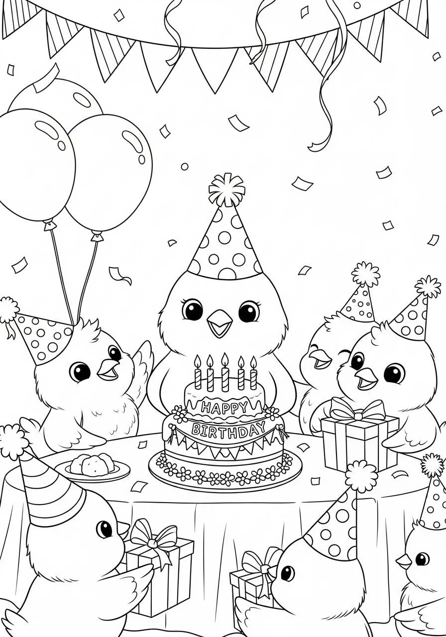 Desenho de Pintinhos Celebrando Aniversário para Colorir
