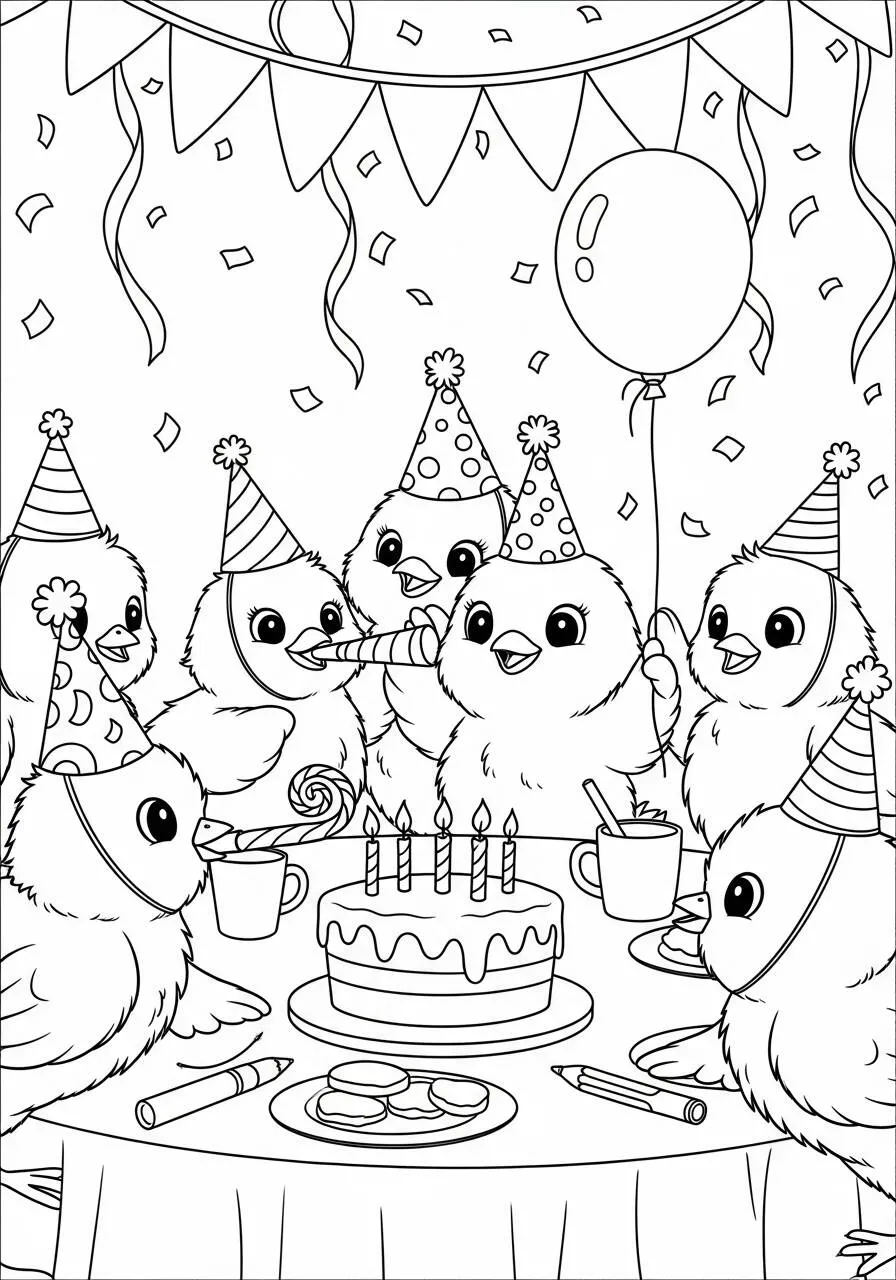 Desenho de Pintinhos Celebrando Aniversário para Colorir