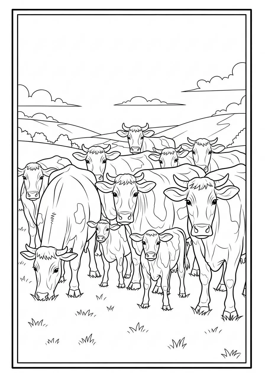 Desenho de Vaca com Bezerros em um Pasto Verde para Colorir