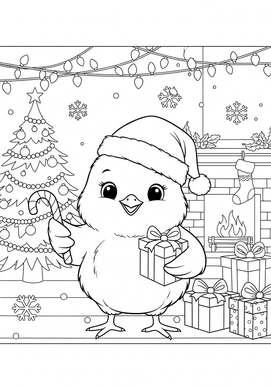 Desenho de Pintinho Natalino com Presente para Colorir