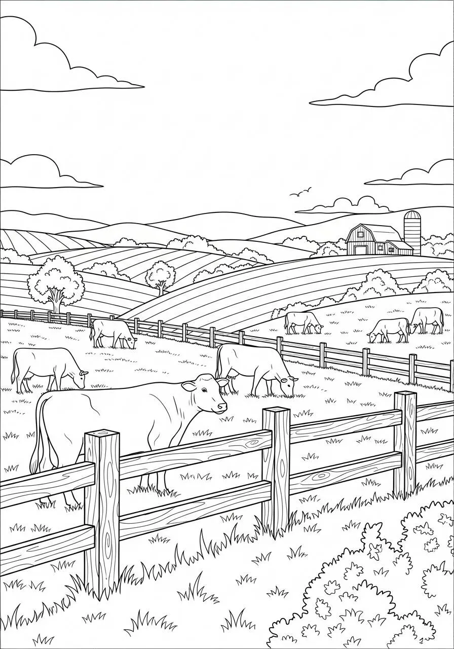 Desenho de Vaca Pastando em um Campo Verde para Colorir
