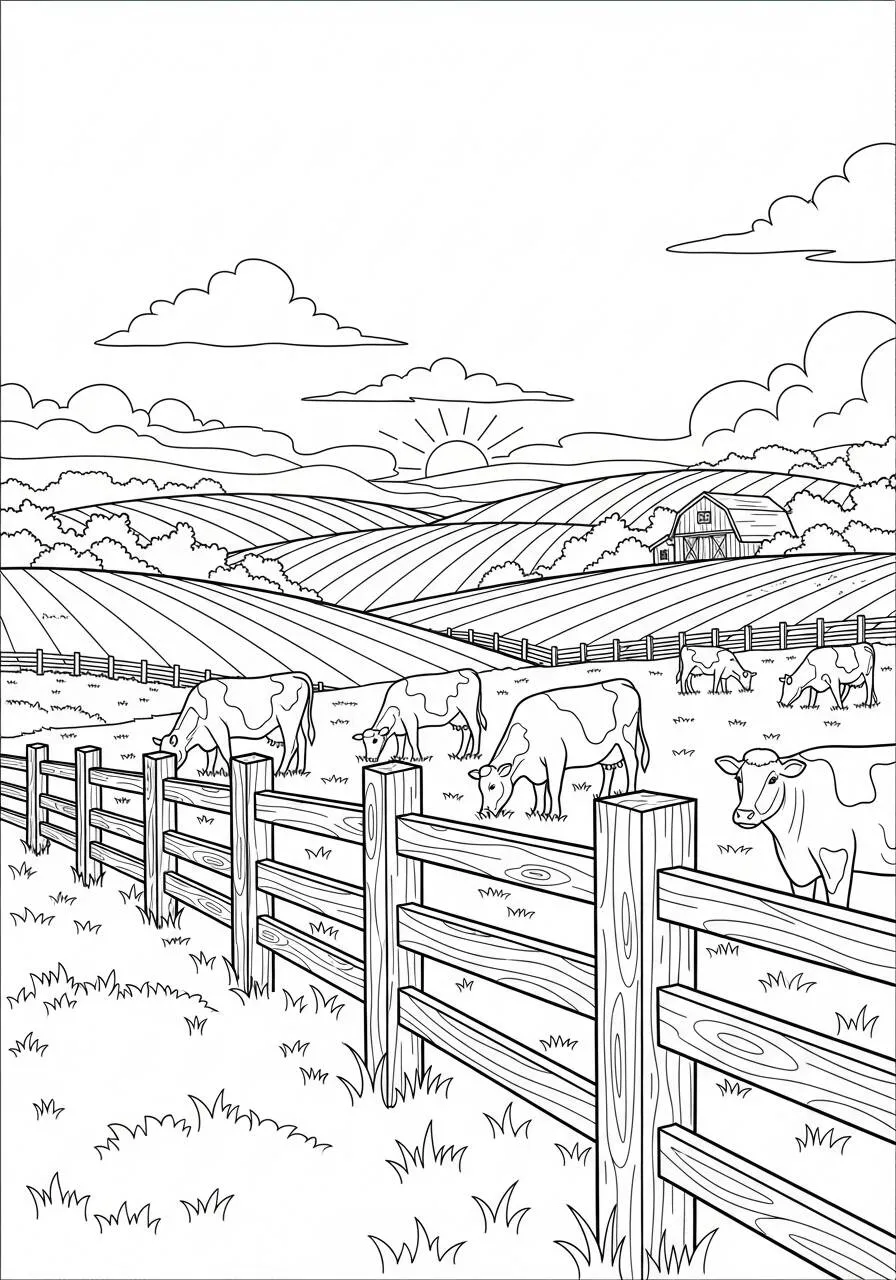 Desenho de Vaca Pastando em um Campo ao Pôr do Sol para Colorir