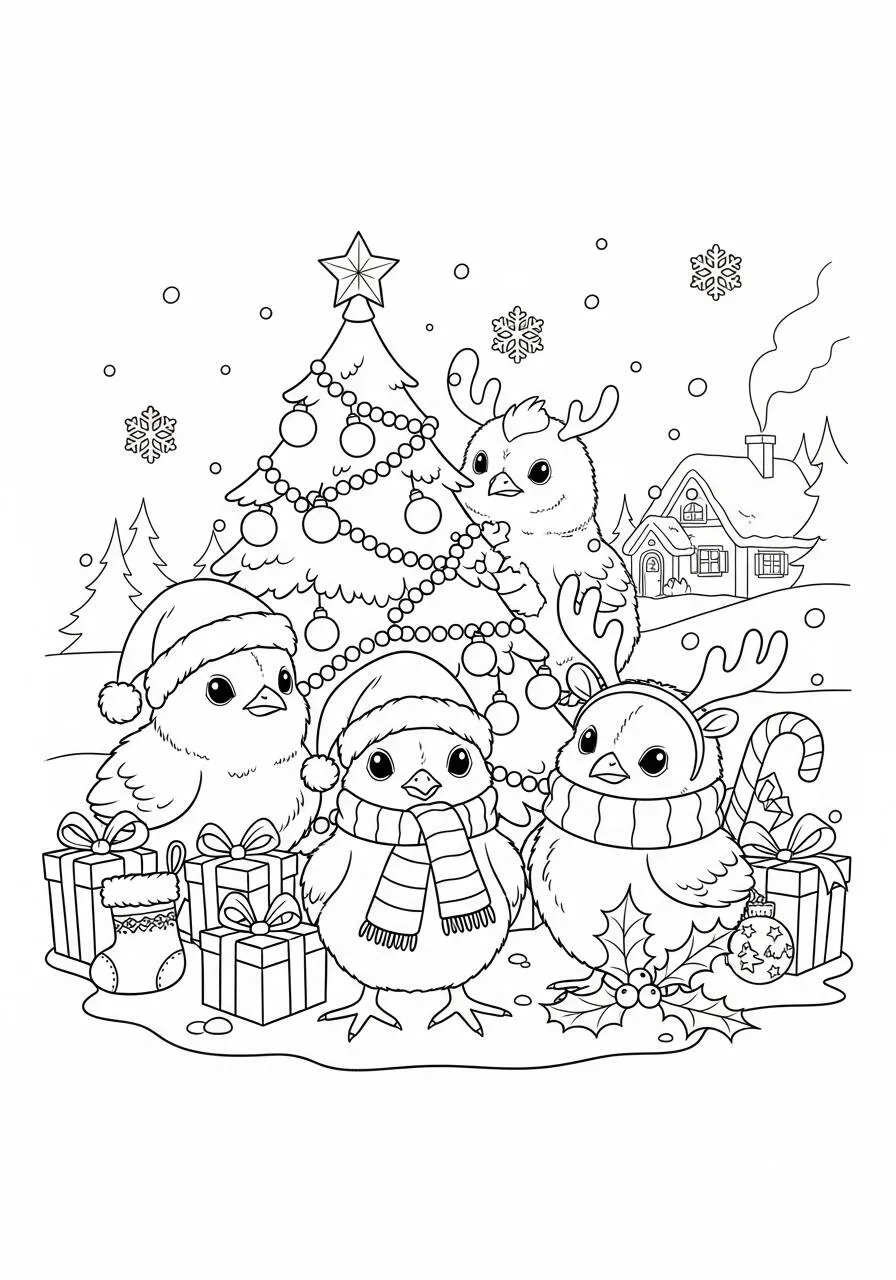 Desenho de Pintinhos Natalinos com Cachecol para Colorir