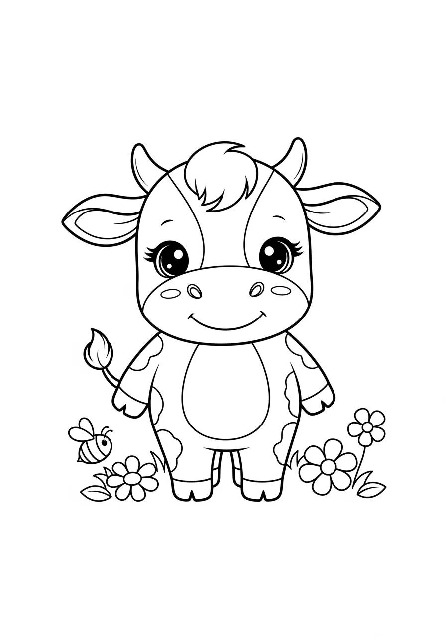 Desenho de Vaca Kawaii com Flores e Abelha para Colorir