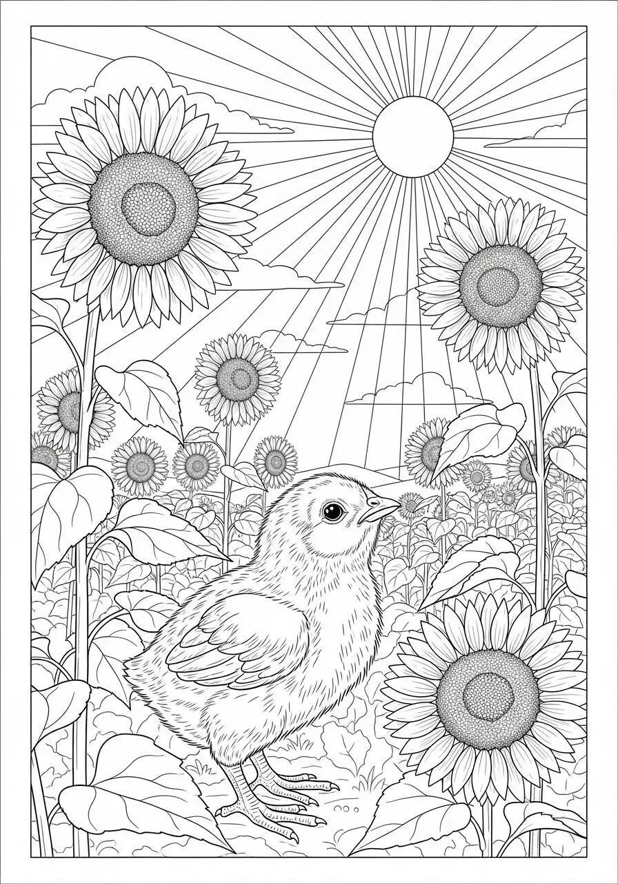 Desenho de Pintinho em Campo de Girassóis para Colorir