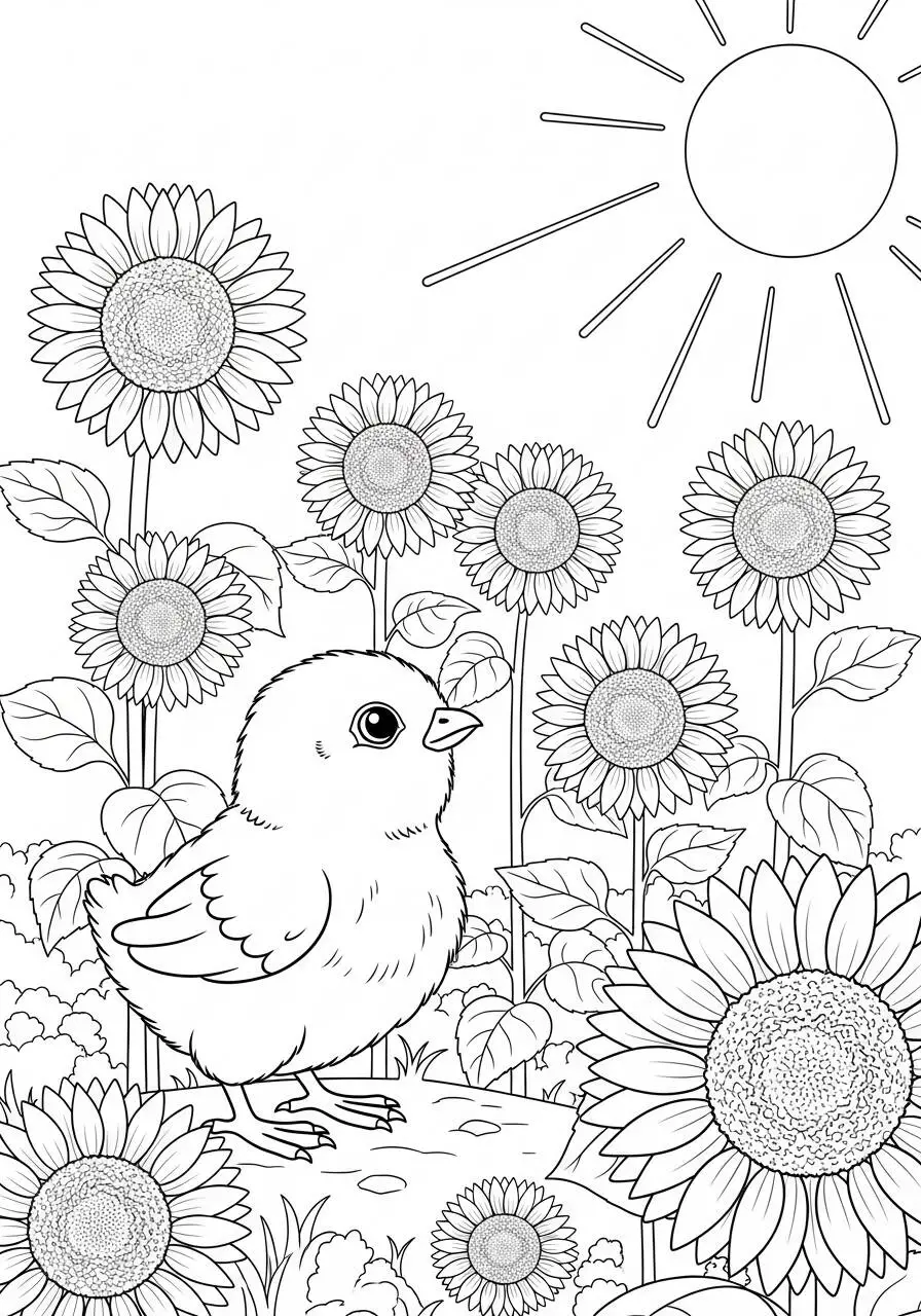 Desenho de Pintinho entre Girassóis para Colorir