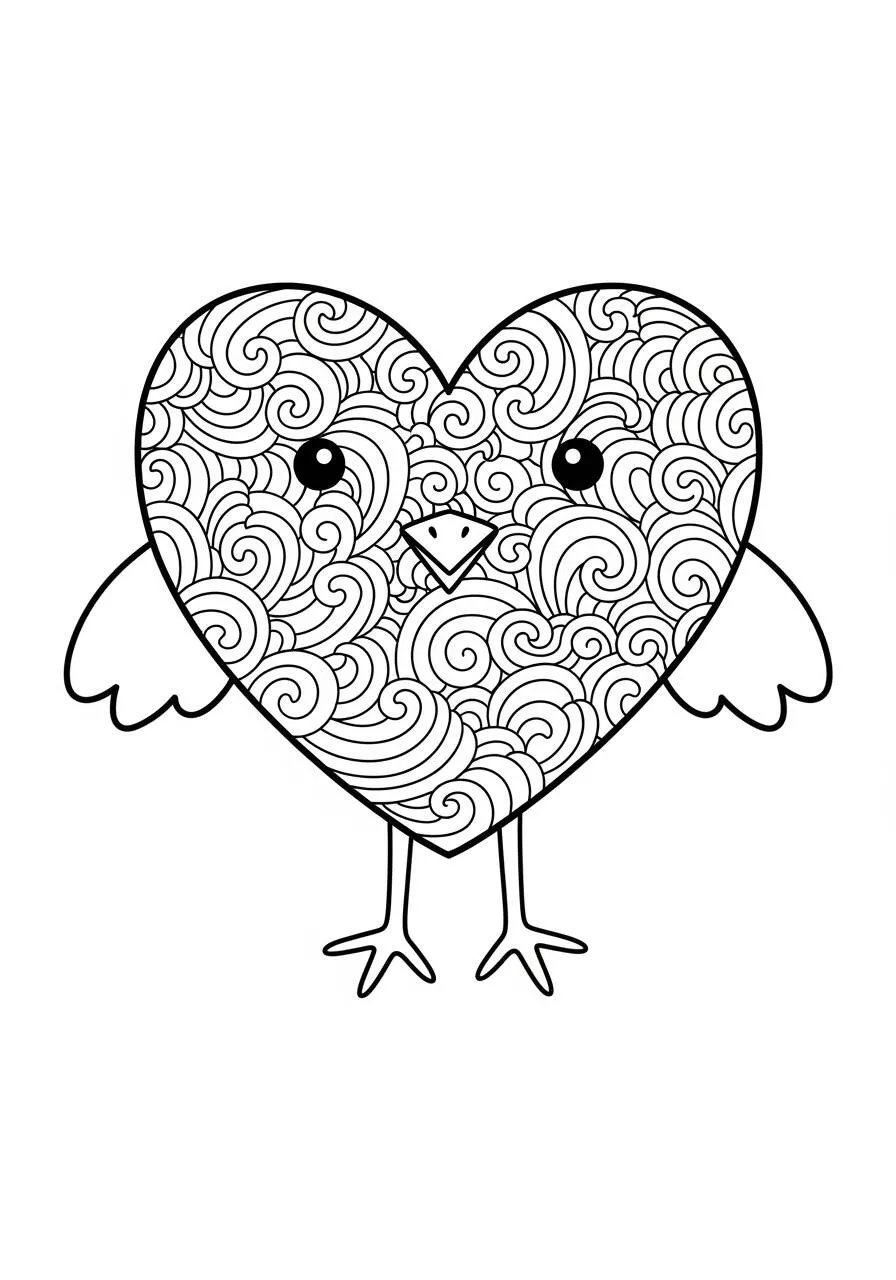Desenho de Pintinho em Forma de Coração para Colorir