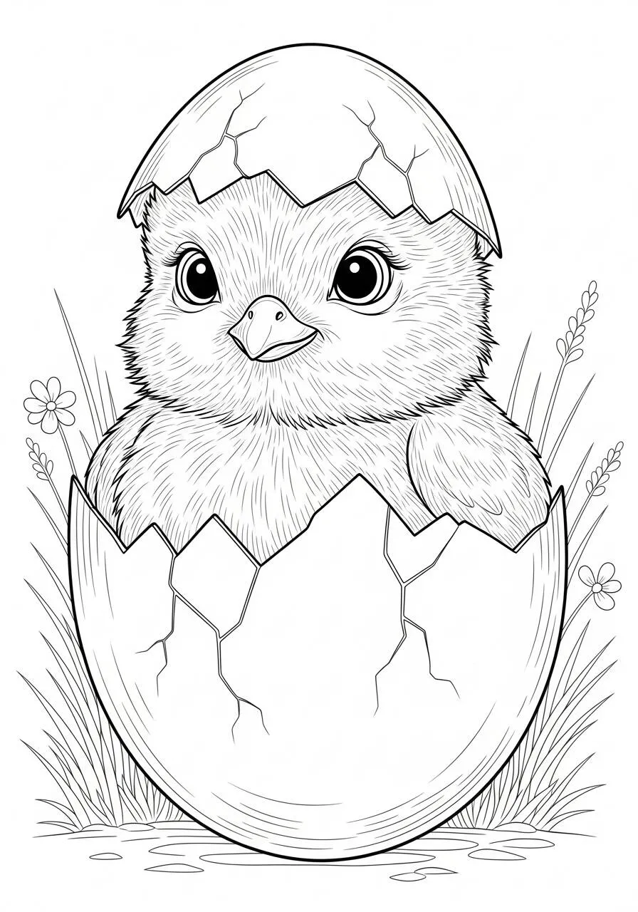 Desenho de Pintinho Fofo Saindo do Ovo para Colorir